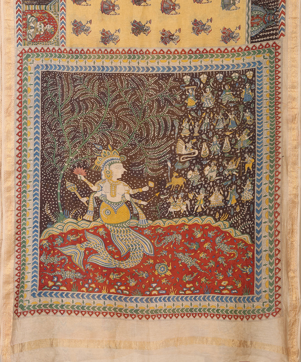 Beige Handloom Pure Cotton Chanderi Mata-Ni-Pachedi Saree With Hand Printed Vishnu Ji On Pallu