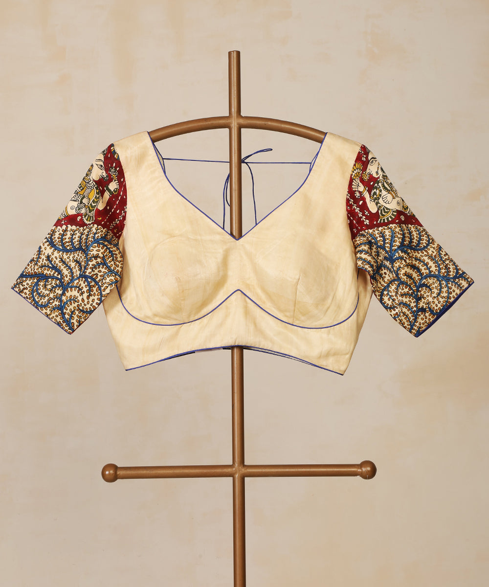 White_Handloom_Pure_Modal_Satin_Mata-Ni-Pachedi_Blouse_With_Hand_Printed_Divine_Motifs_On_Sleeves_WeaverStory_01