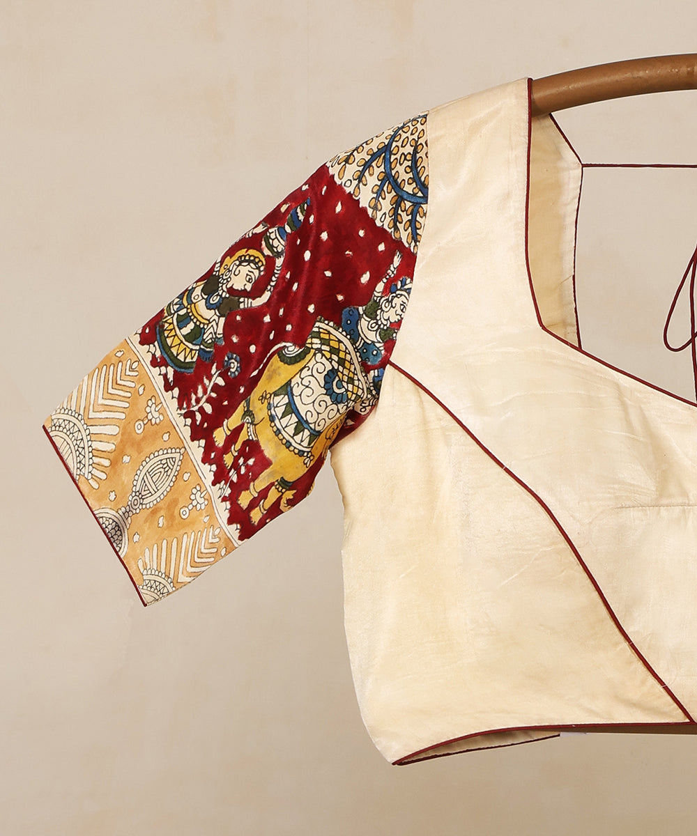 White_And_Red_Handloom_Pure_Modal_Satin_Mata-Ni-Pachedi_Blouse_With_Hand_Printed_Figurine_Motifs_On_Sleave_WeaverStory_03