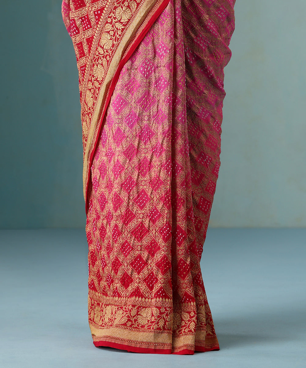 Pink_And_Red_Handloom_Pure_Georgette_Banarasi_Bandhej_Saree_With_Zari_WeaverStory_04