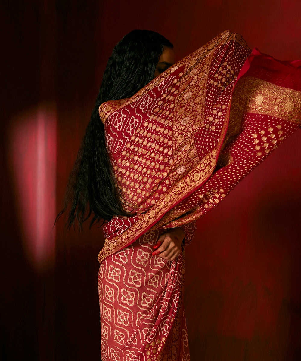 Maroon Handloom Pure Georgette Banarasi Bandhej Saree With Zari