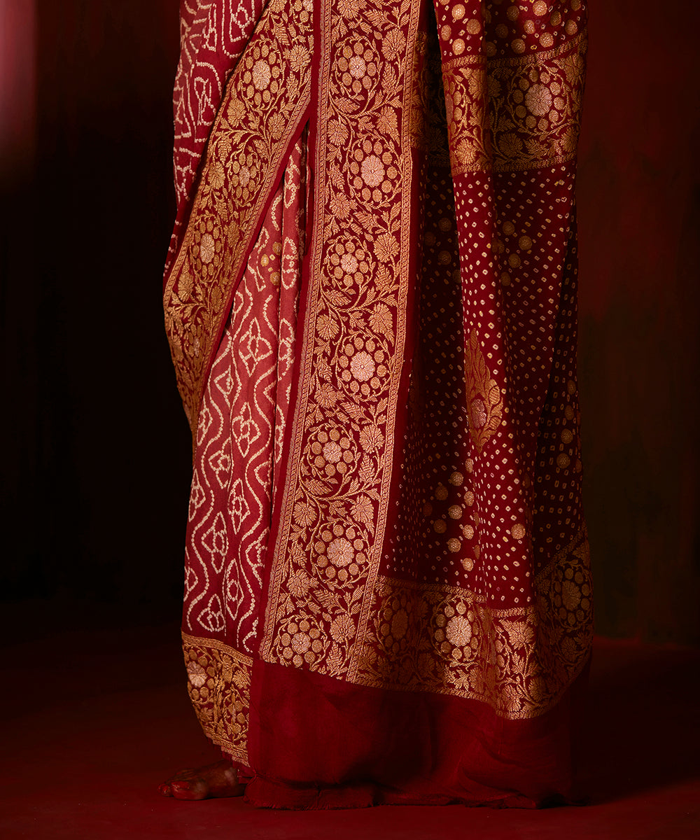 Maroon Handloom Pure Georgette Banarasi Bandhej Saree With Zari
