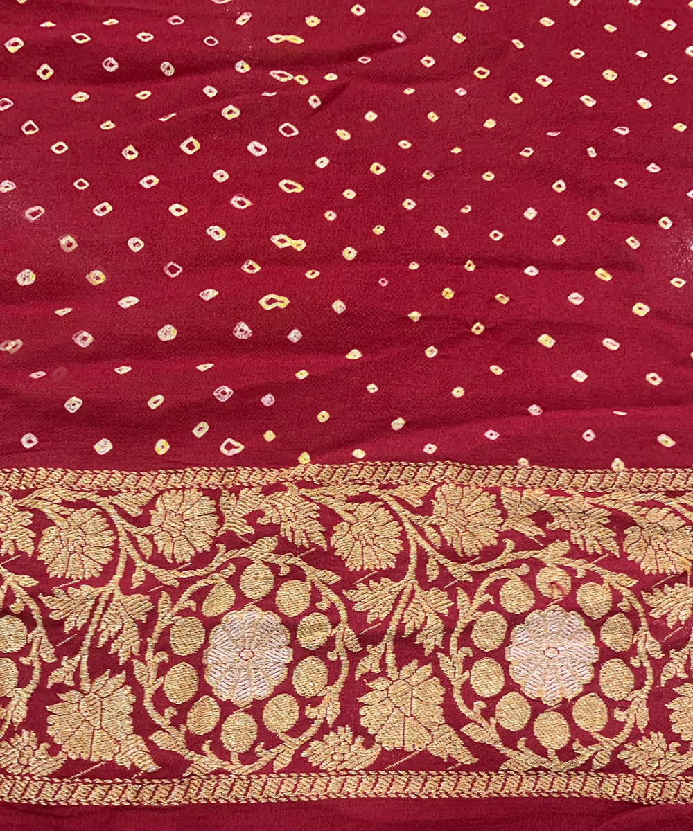 Maroon Handloom Pure Georgette Banarasi Bandhej Saree With Zari