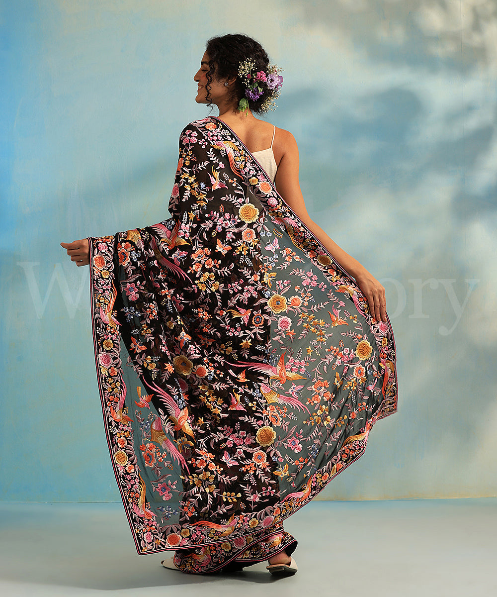 Black Hand Embroidered Georgette Parsi Gara Saree With Birds And Floral Jaal - Pre Order