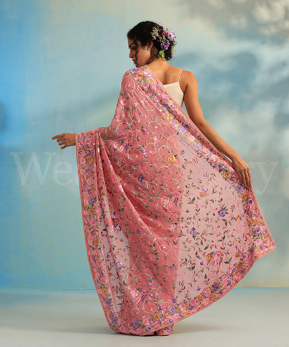 Pink Georgette Hand Embroidered Parsi Gara Saree With Floral Jaal - Pre Order