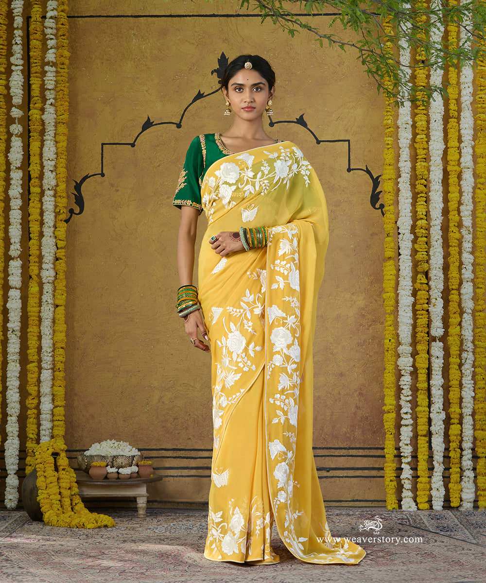 Yellow Hand Embroidered Georgette Floral Parsi Gara Saree With All Over Butterfly Booties