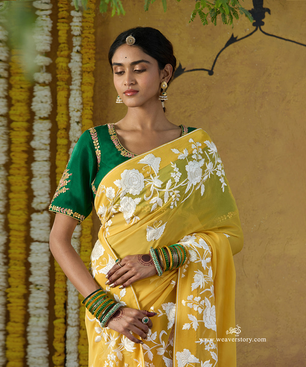 Yellow Hand Embroidered Georgette Floral Parsi Gara Saree With All Over Butterfly Booties