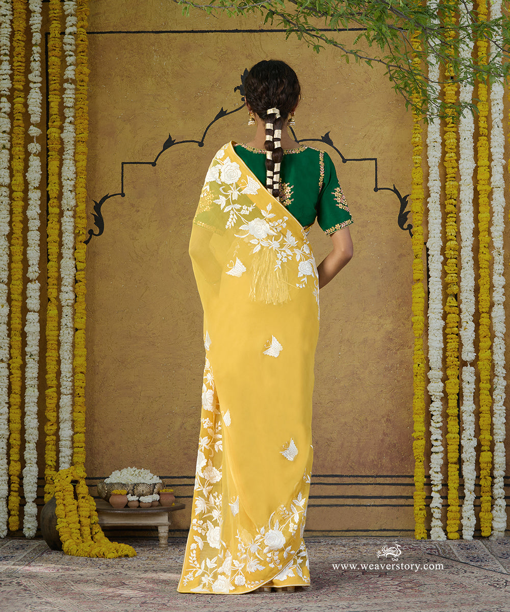 Yellow Hand Embroidered Georgette Floral Parsi Gara Saree With All Over Butterfly Booties