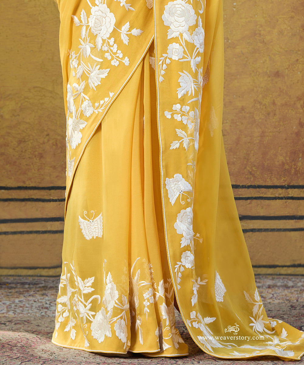Yellow Hand Embroidered Georgette Floral Parsi Gara Saree With All Over Butterfly Booties