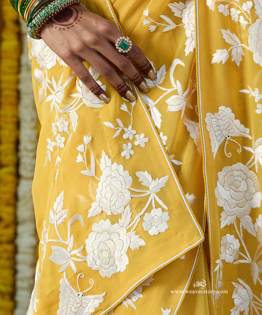 Yellow Hand Embroidered Georgette Floral Parsi Gara Saree With All Over Butterfly Booties