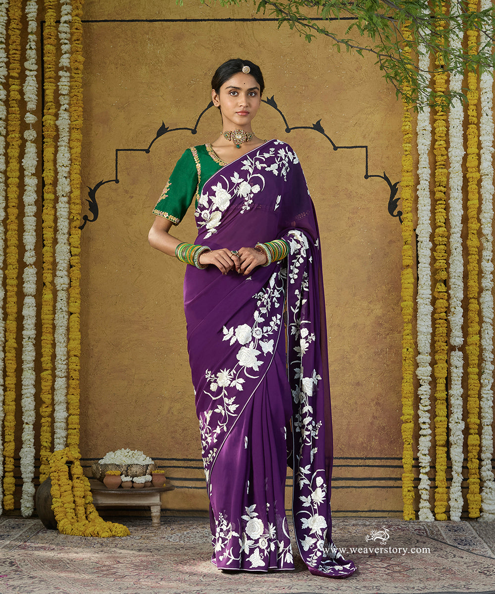 Purple Hand Embroidered Georgette Parsi Gara Saree With All Over Floral Booties