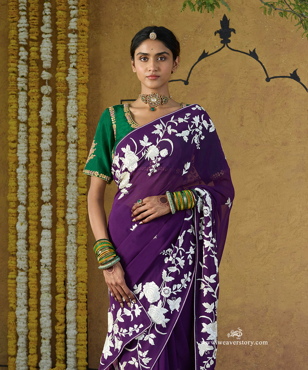 Purple Hand Embroidered Georgette Parsi Gara Saree With All Over Floral Booties