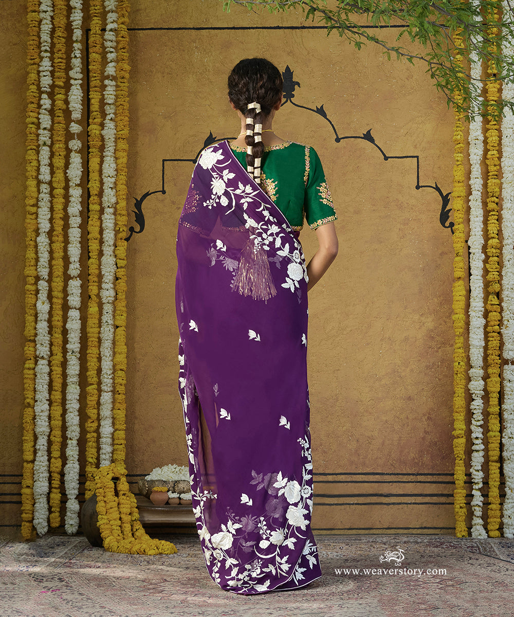 Purple Hand Embroidered Georgette Parsi Gara Saree With All Over Floral Booties