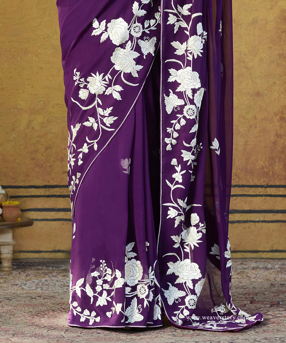Purple Hand Embroidered Georgette Parsi Gara Saree With All Over Floral Booties