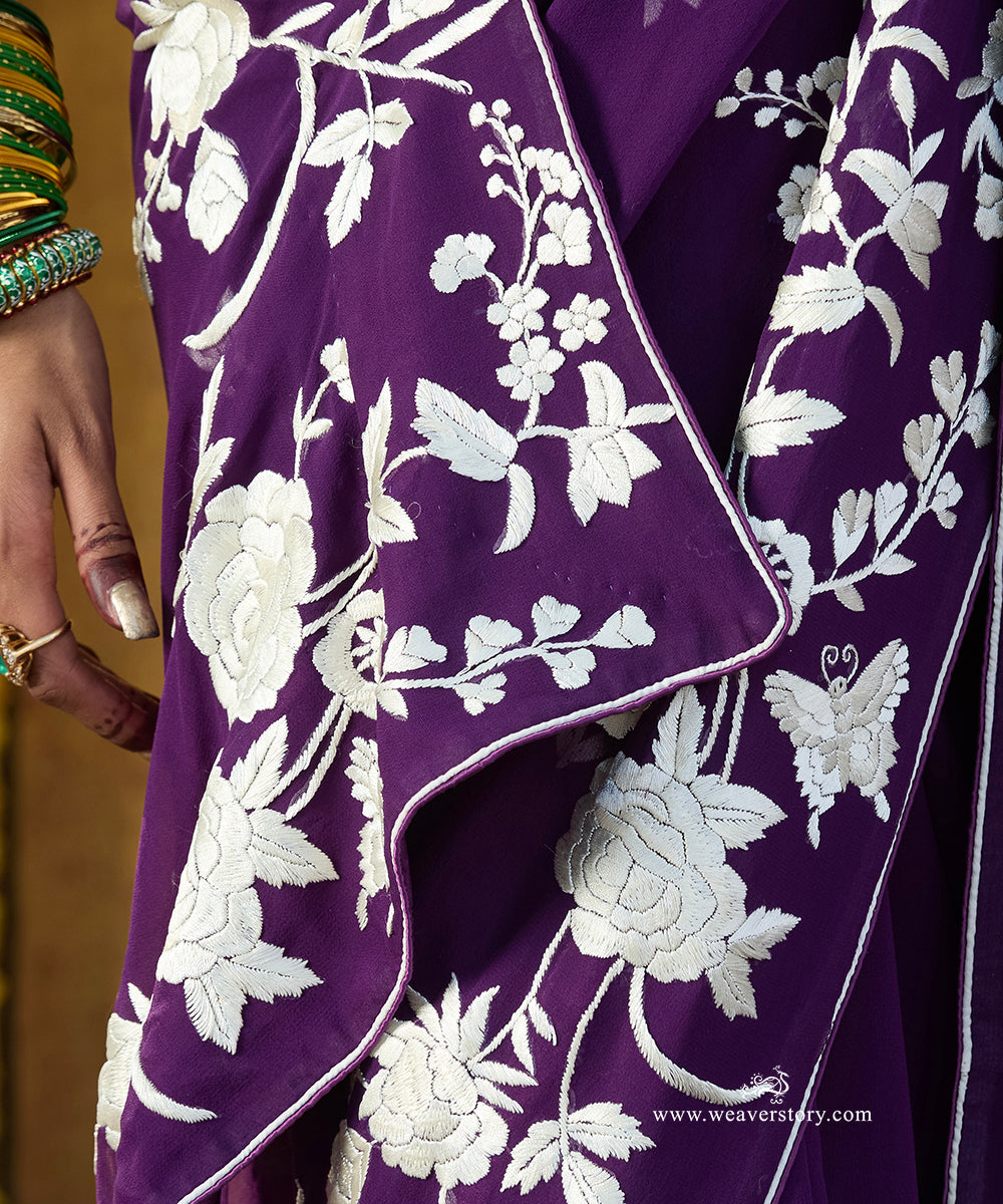 Purple Hand Embroidered Georgette Parsi Gara Saree With All Over Floral Booties