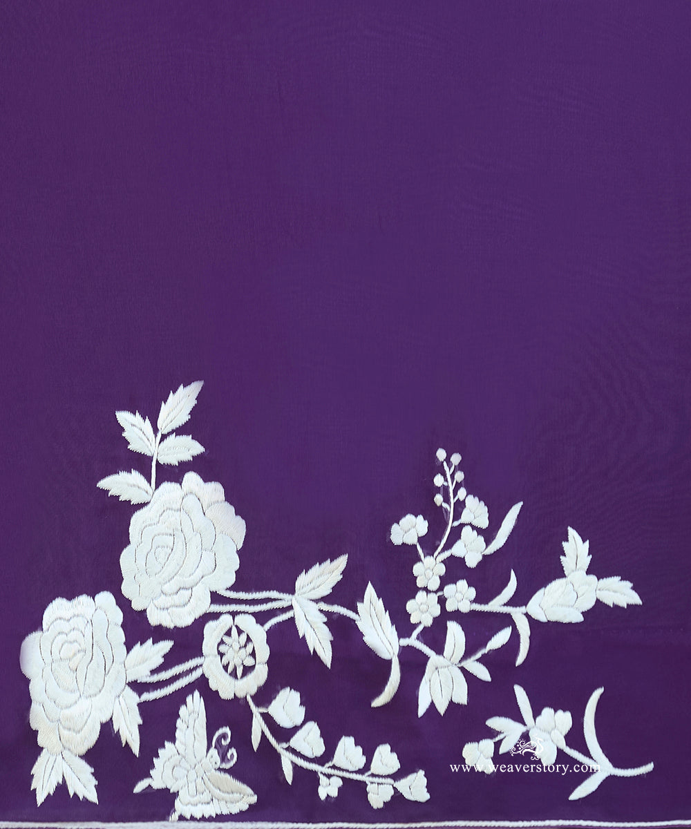 Purple Hand Embroidered Georgette Parsi Gara Saree With All Over Floral Booties