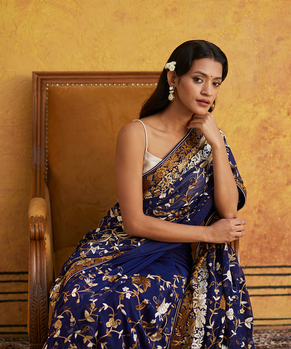 Blue Hand Embroidered Georgette Parsi Gara Saree With Flowers And Leaves All Over - Pre Order