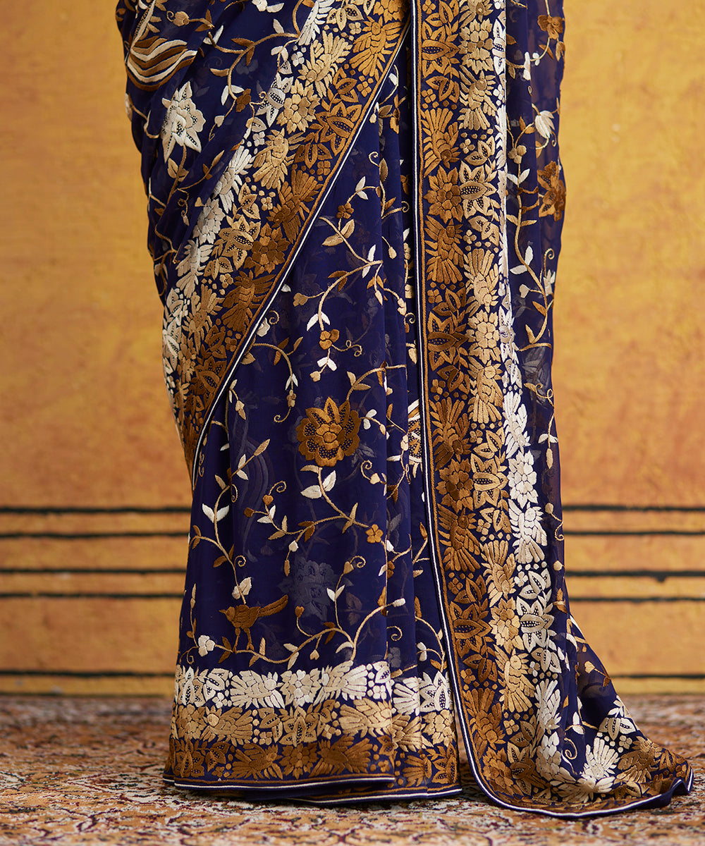 Blue Hand Embroidered Georgette Parsi Gara Saree With Flowers And Leaves All Over - Pre Order