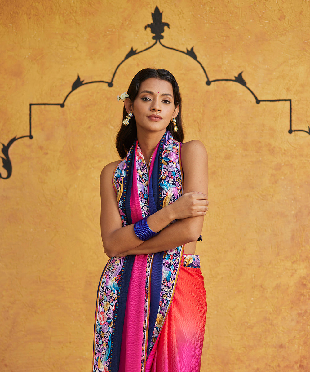 Pink_Ombre_Dyed_Hand_Embroidered_Crepe_Jacquard_Parsi_Gara_Saree_With_Multicolored_Border_WeaverStory_02