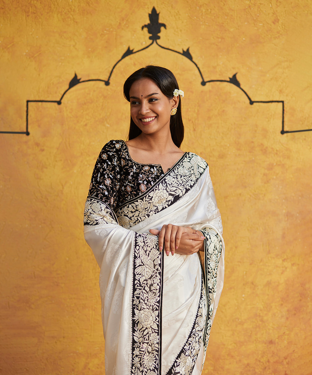 White_Hand_Embroidered_Satin_Silk_Parsi_Gara_Saree_With_Black_Border_WeaverStory_02