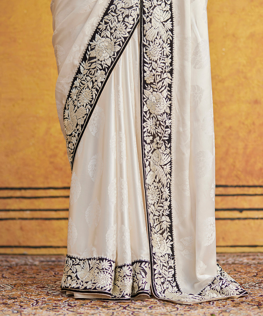 White_Hand_Embroidered_Satin_Silk_Parsi_Gara_Saree_With_Black_Border_WeaverStory_04