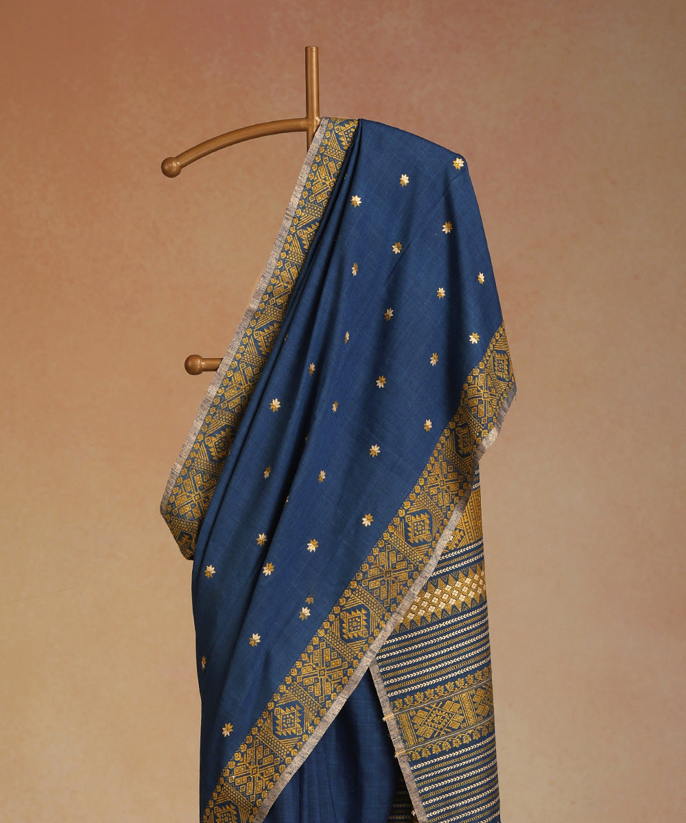 Blue_Handloom_Pure_Eri_Silk_Assam_Indigo_Dye_Saree_With_Yellow_And_Beige_Small_Floral_Booti_And_Yellow_Border_WeaverStory_02