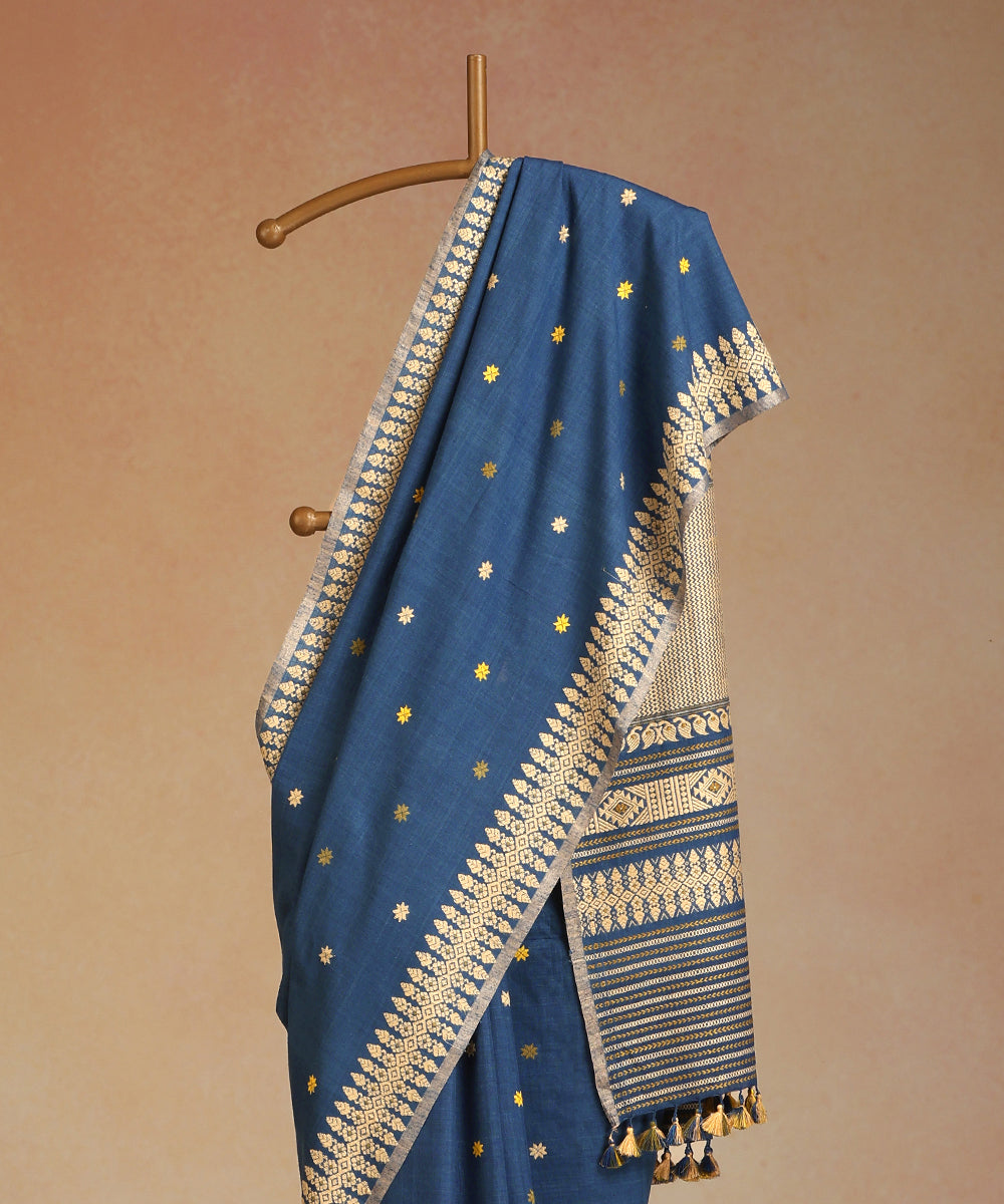 Blue_Handloom_Pure_Eri_Silk_Assam_Indigo_Dye_Saree_With_Yellow_And_Beige_Small_Floral_Booti_With_Beige_Border_WeaverStory_02