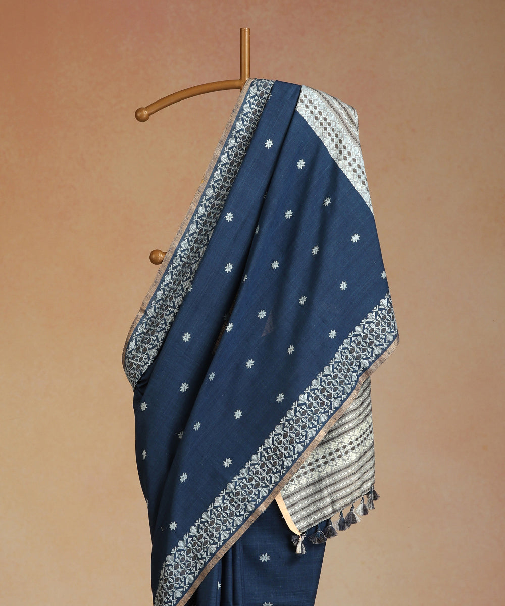 Blue_Handloom_Pure_Eri_Silk_Assam_Indigo_Dye_Saree_With_Beige_Selvedge_WeaverStory_02