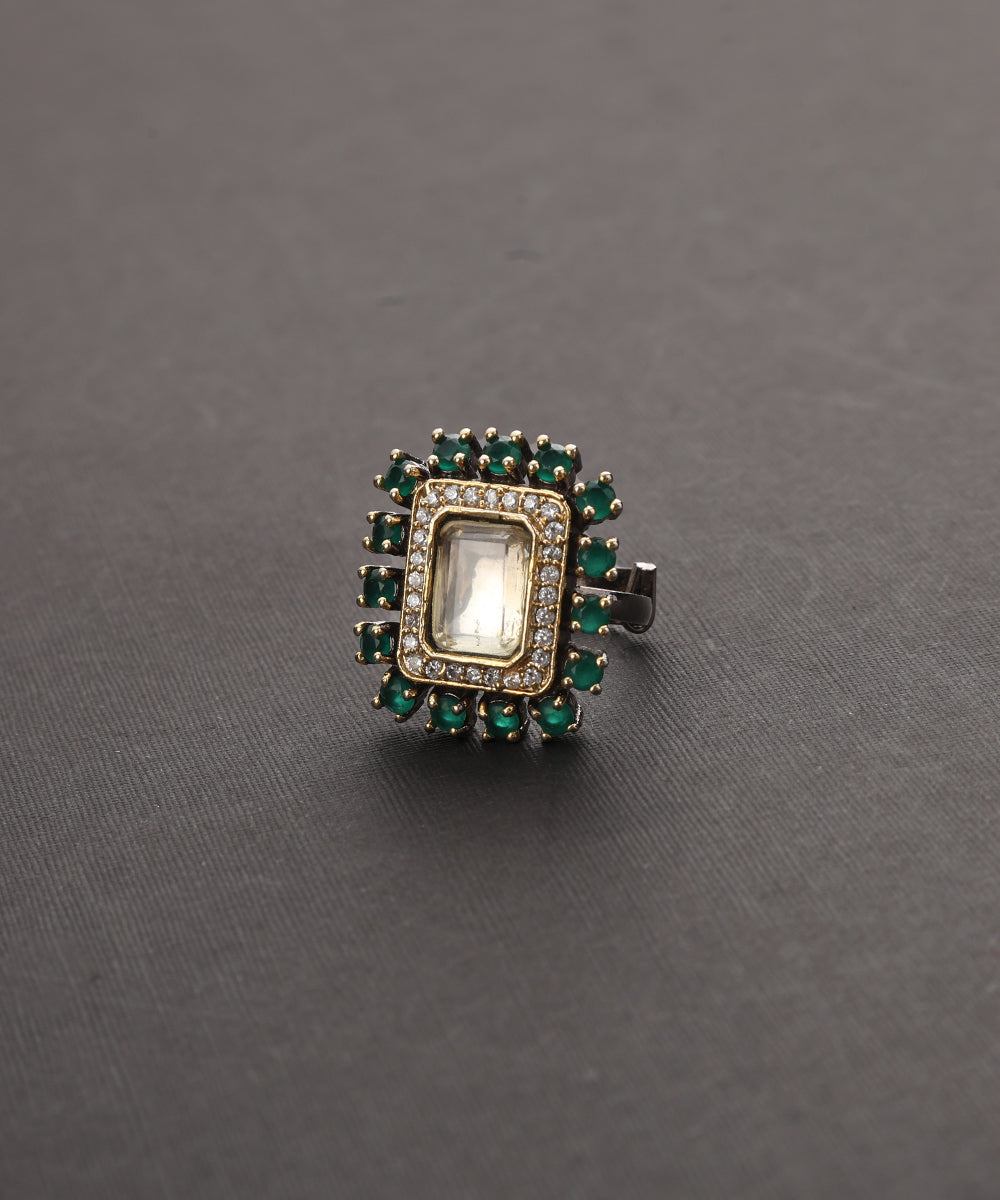 Shivaya_Handcrafted_Silver_Alloy_Ring_With_Green_Semi_Precious_Stones_WeaverStory_02