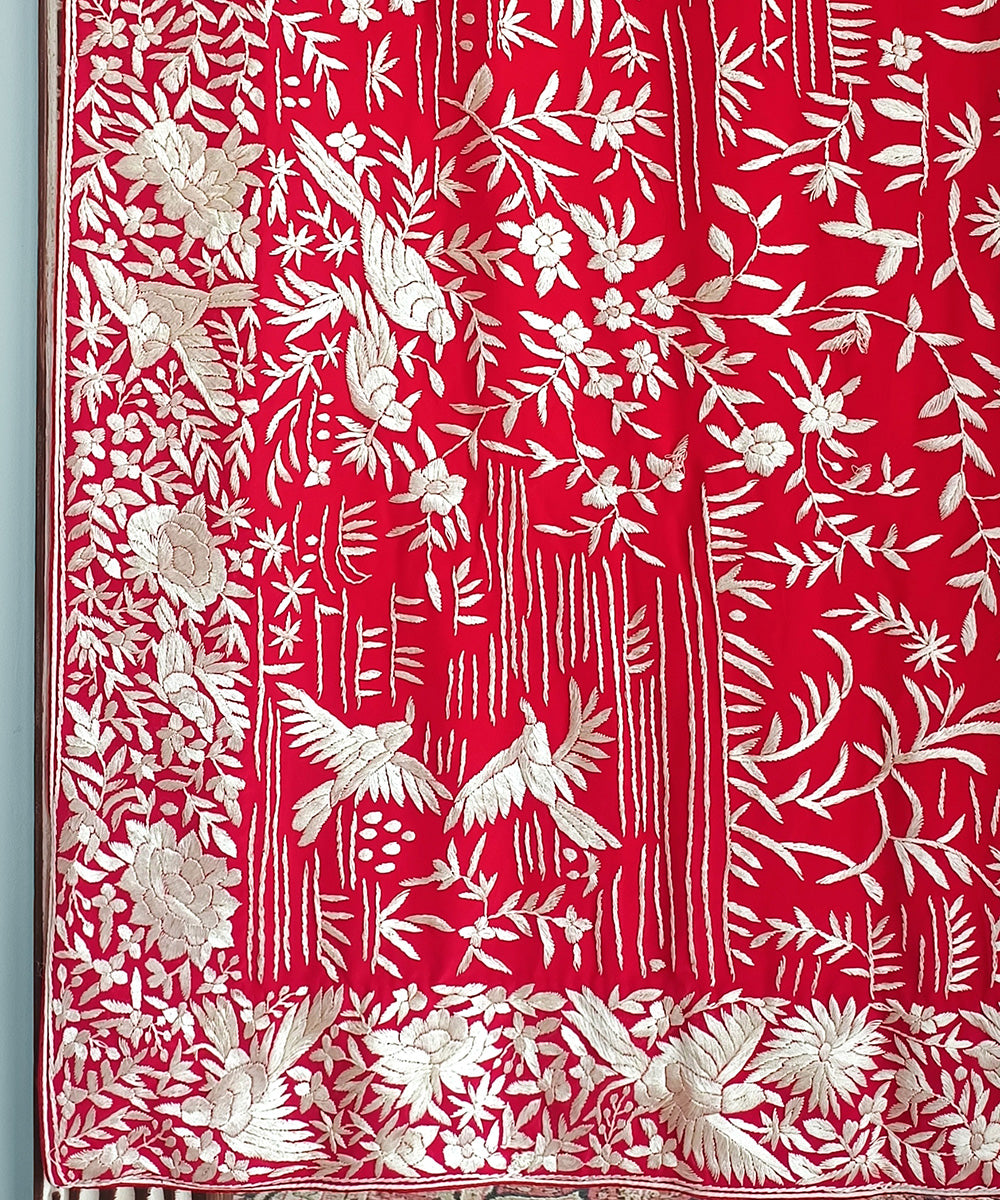 Red Pure Crepe Silk Parsi Gara Saree With Ivory Hand Embroidery