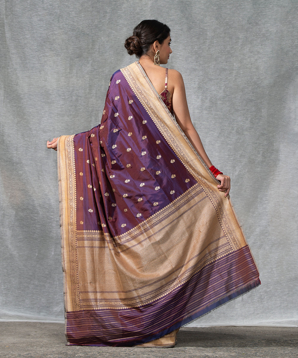 Wine Handloom Kadhwa Booti Pure Katan Silk Banarasi Saree With Grey Selvedge