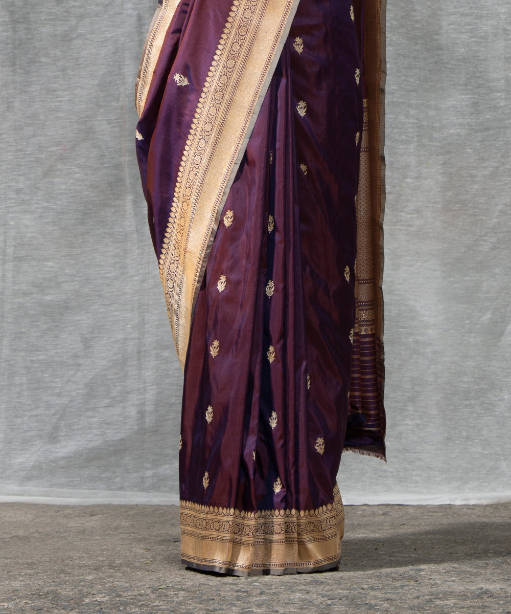 Wine Handloom Kadhwa Booti Pure Katan Silk Banarasi Saree With Grey Selvedge