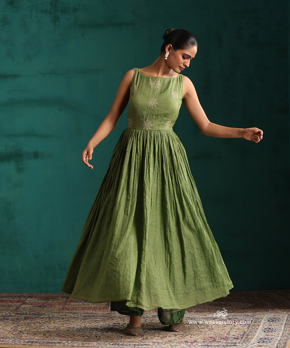 Green Hand Embroidered Anarkali Kurta in Tissue Chanderi with Organza Dupatta and Wide Pants