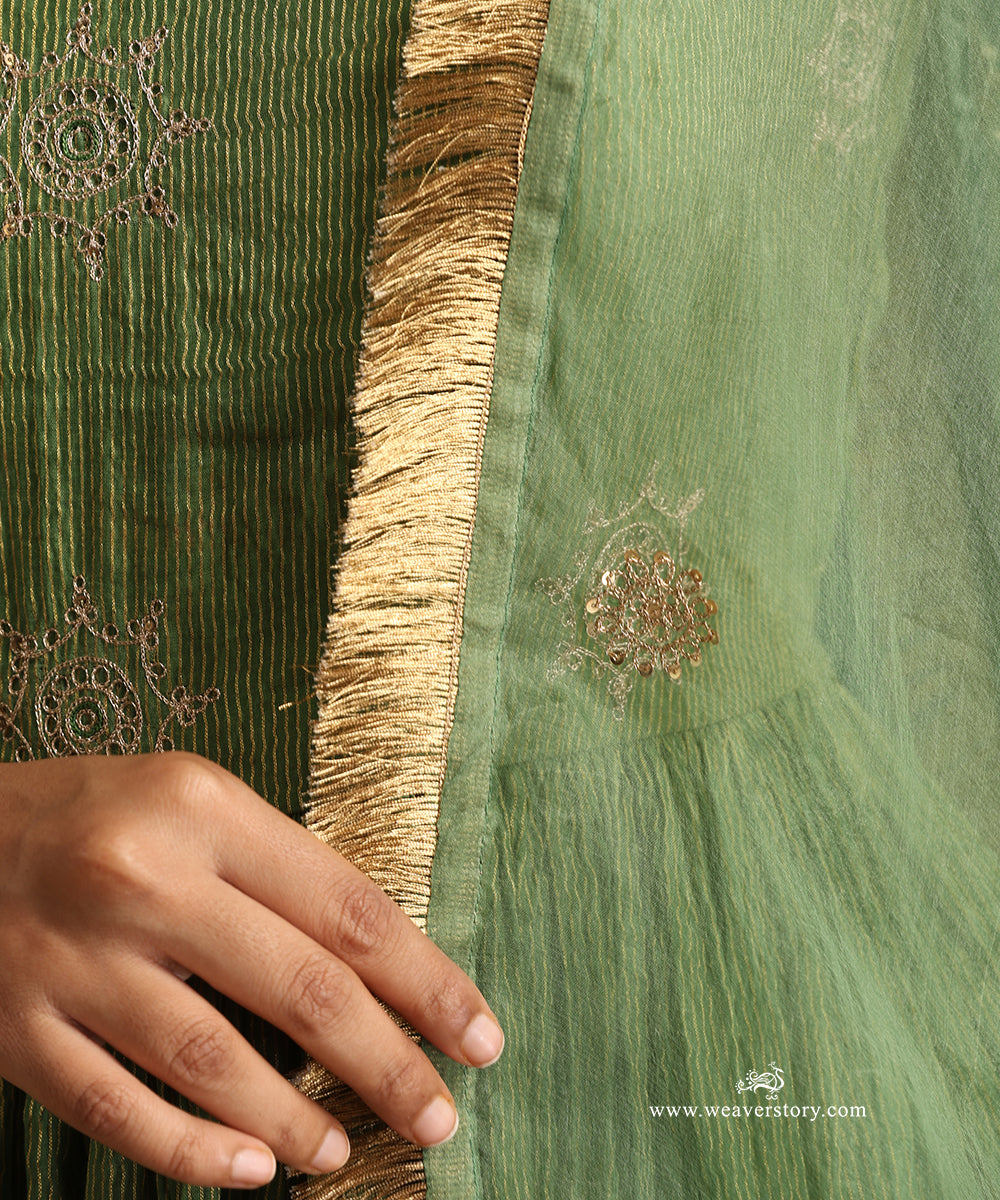 Green Hand Embroidered Anarkali Kurta in Tissue Chanderi with Organza Dupatta and Wide Pants