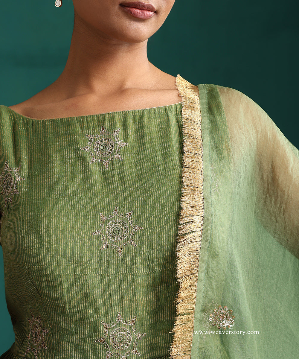 Green Hand Embroidered Anarkali Kurta in Tissue Chanderi with Organza Dupatta and Wide Pants