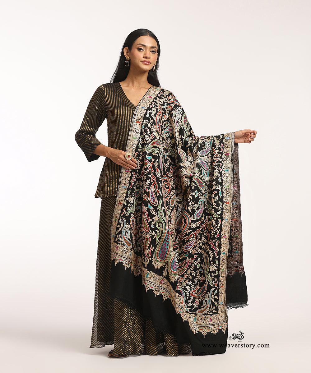 Black Handwoven Tilla Pure Pashmina Shawl With Paper Mache Work