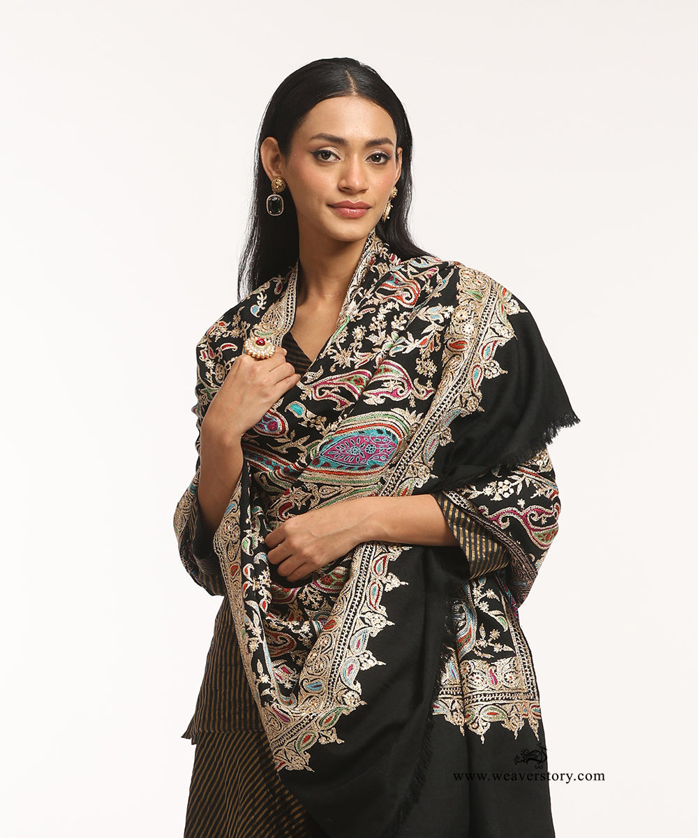Black Handwoven Tilla Pure Pashmina Shawl With Paper Mache Work