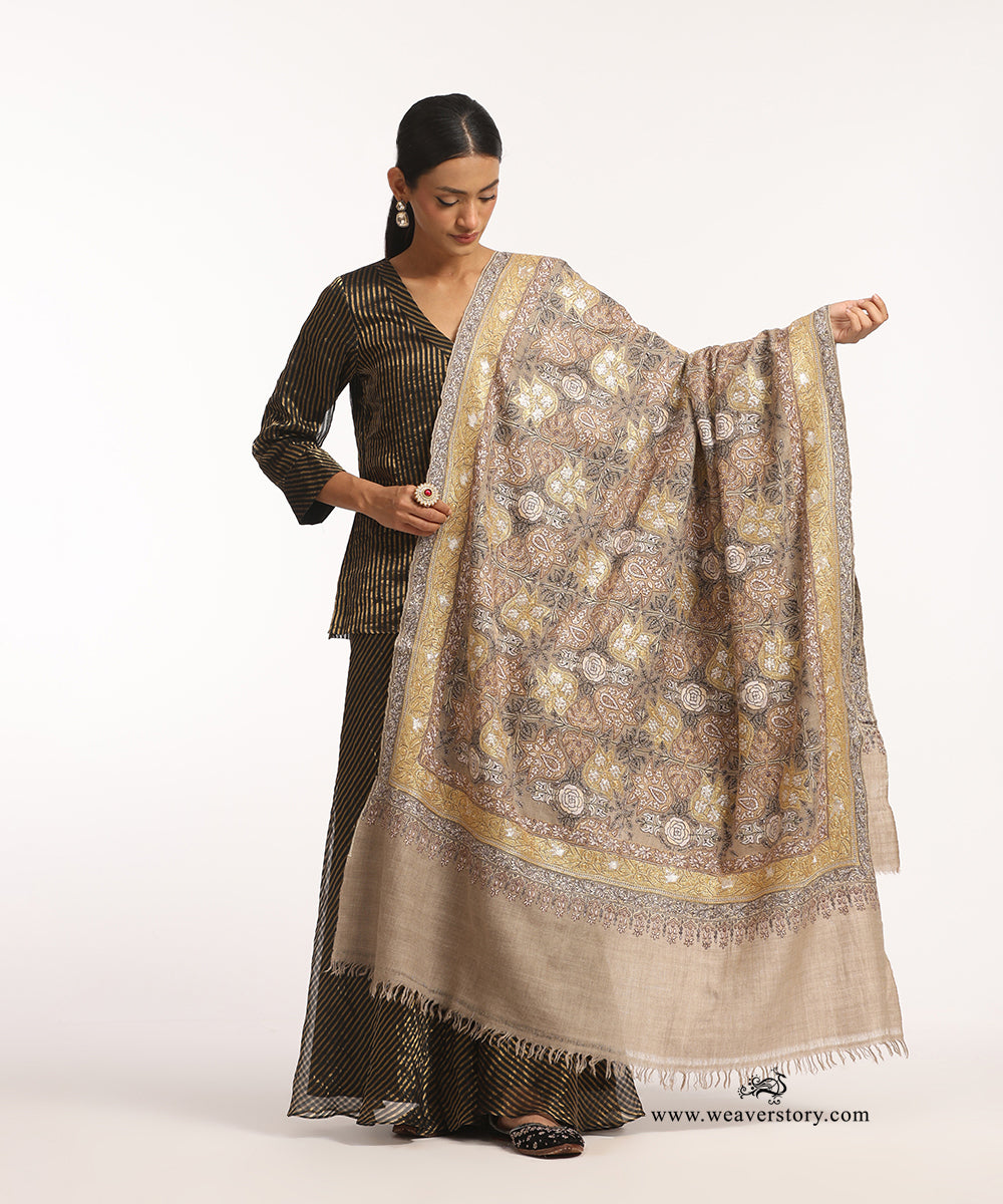 Toosh Color Handwoven Pure Pashmina Shawl Rose And Chinaar Leaf Sozni Kari And Tilla Work