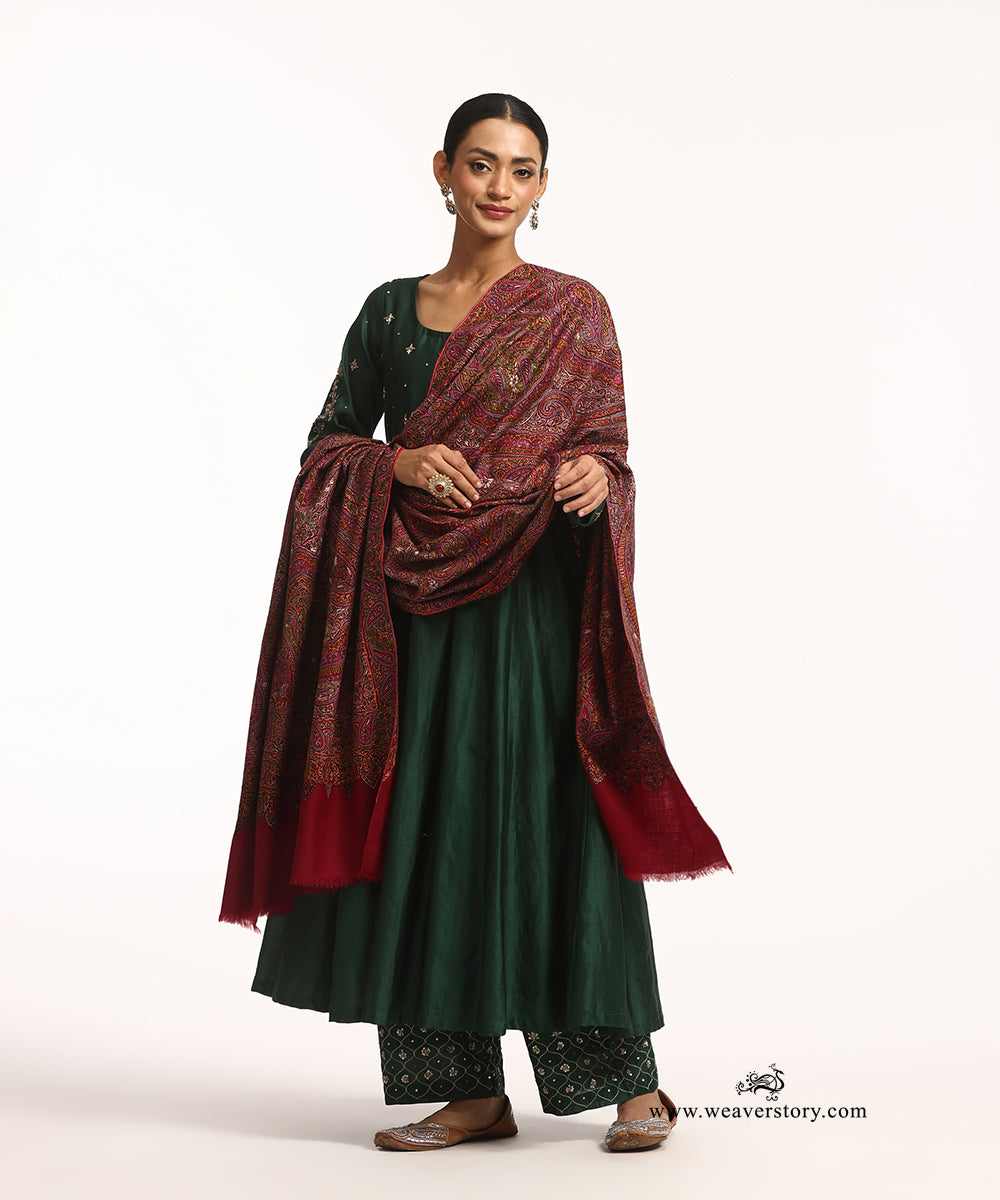 Handwoven Red Jamawar Pure Pashmina Shawl With Soznikari
