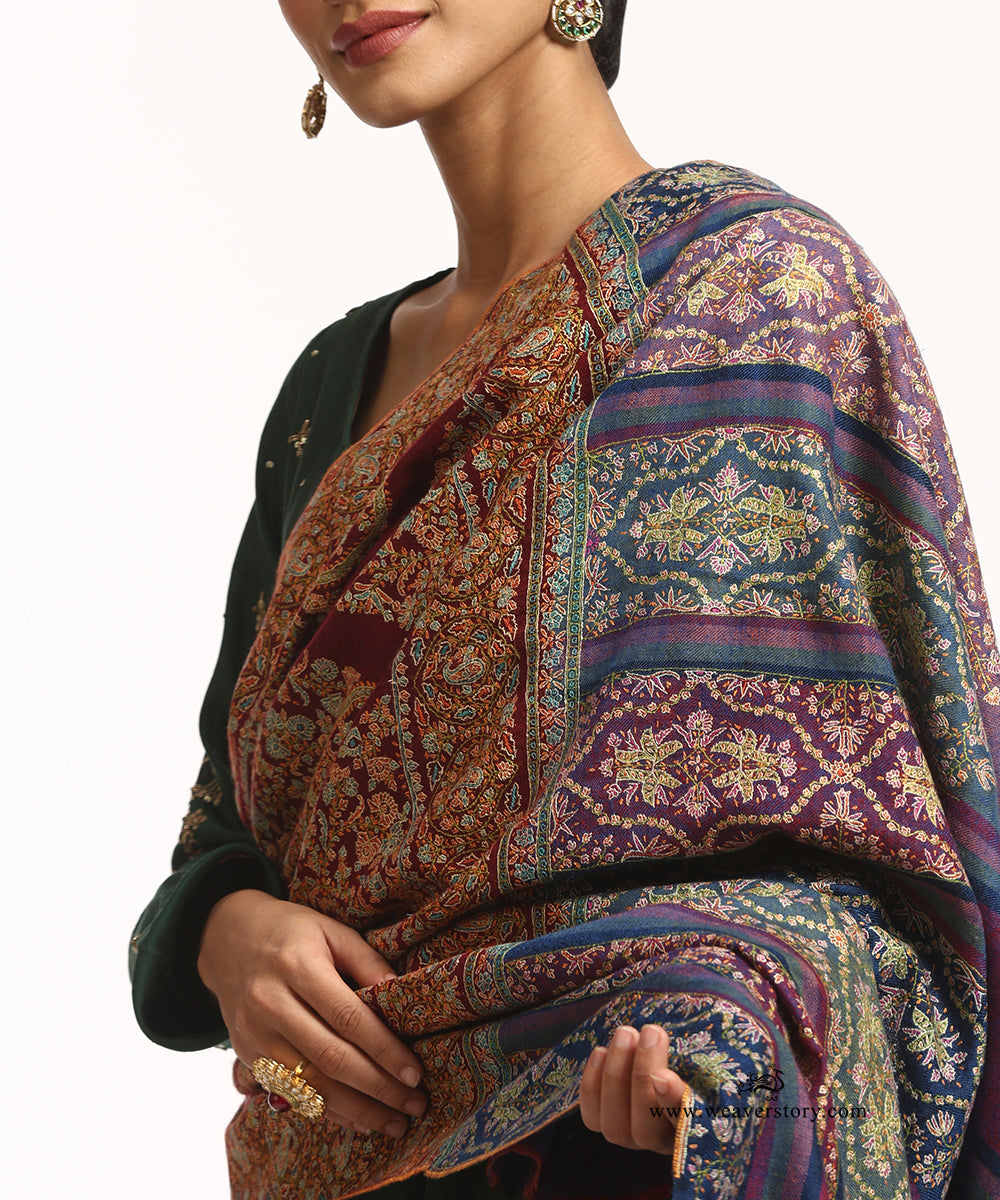 Handwoven Maroon And Blue Striped Pure Pashmina Shawl With Soznikari