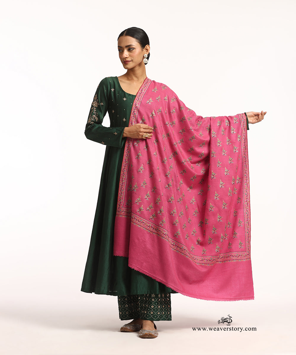 Pink Handwoven Pure Pashmina Shawl With Sozni Kari Booti