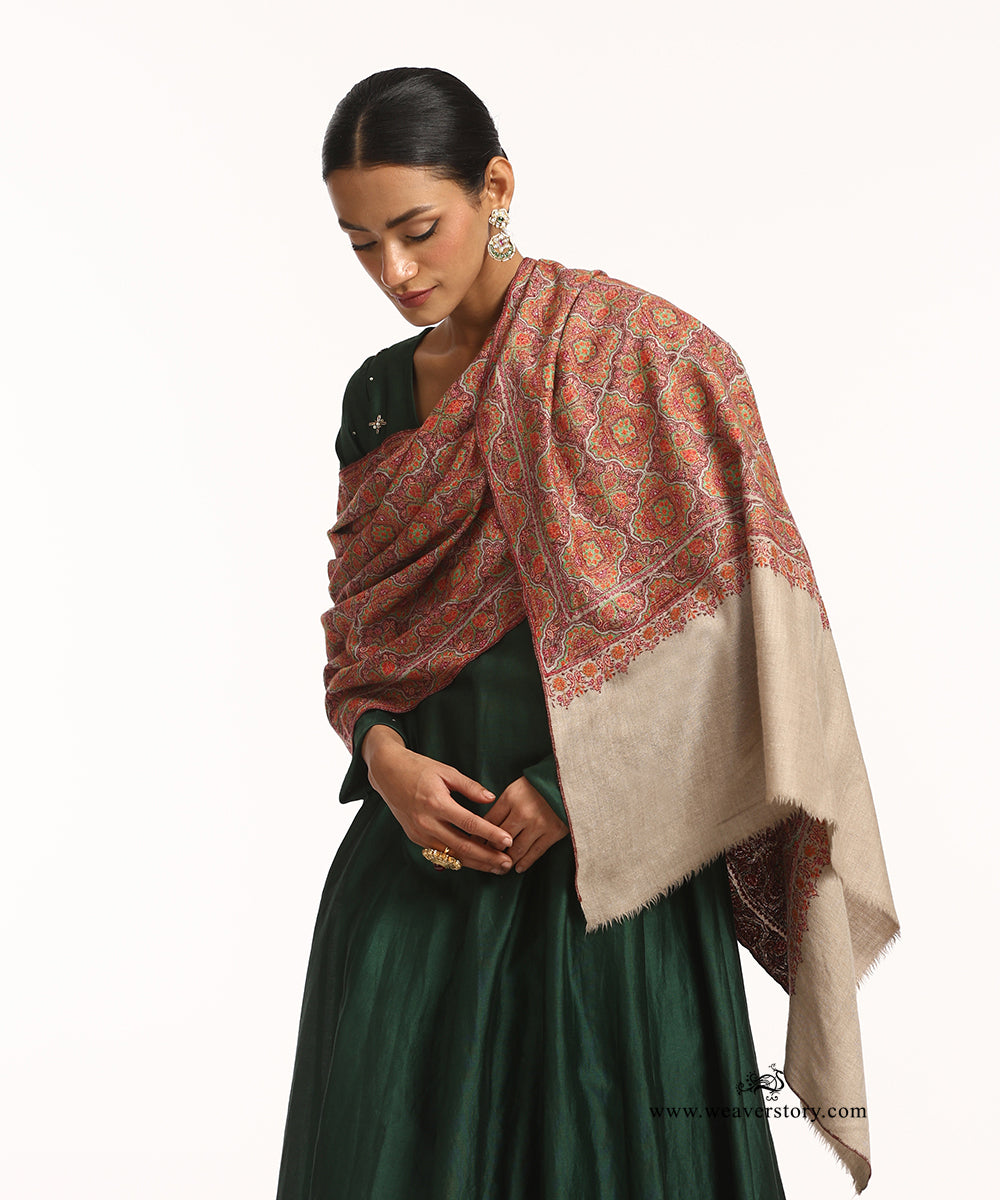 Handwoven Beige Jamawar Pure Pashmina Shawl