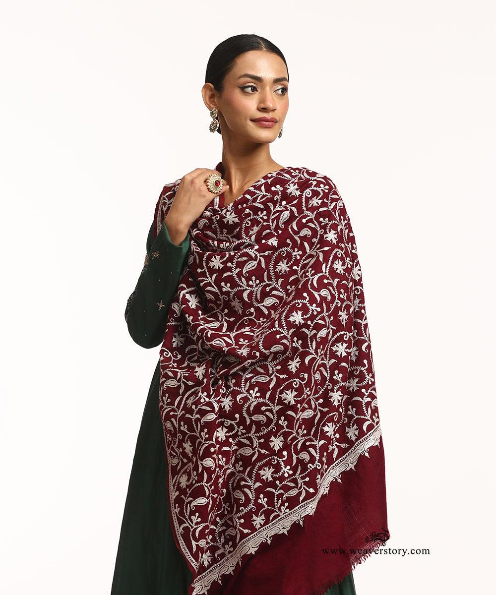 Maroon Handwoven Pure Pashmina Jamawar Shawl With Chinaar Leaves And Silver Tilla Work