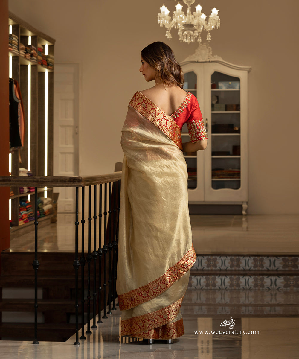 Beige and Gold Striped Handwoven Cotton Tissue Saree with Pure Katan Silk Border and Paisleys