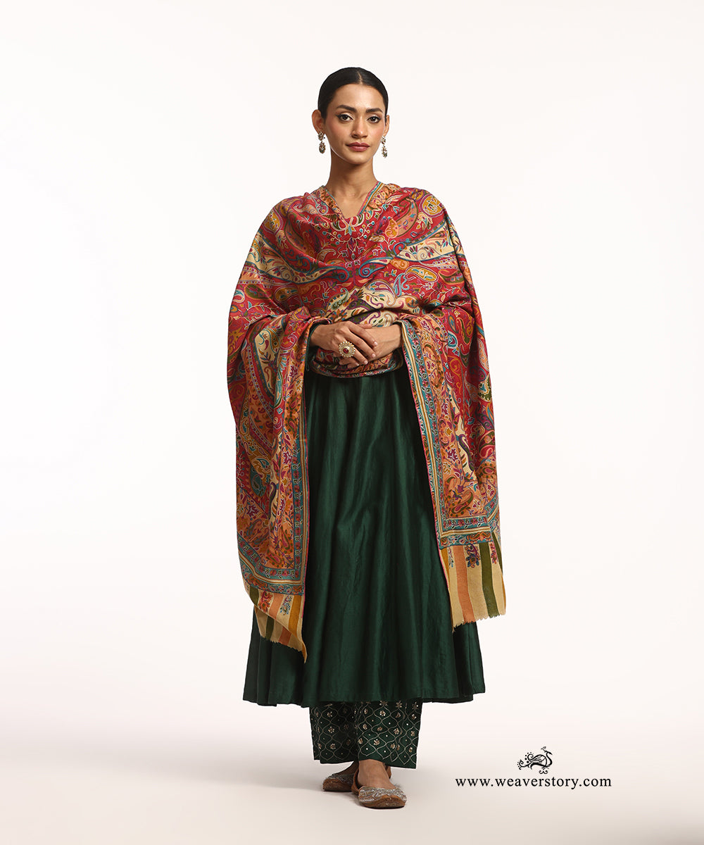 Multicolour Kalamkari Jamawar Pure Pashmina Shawl With Paper Mache