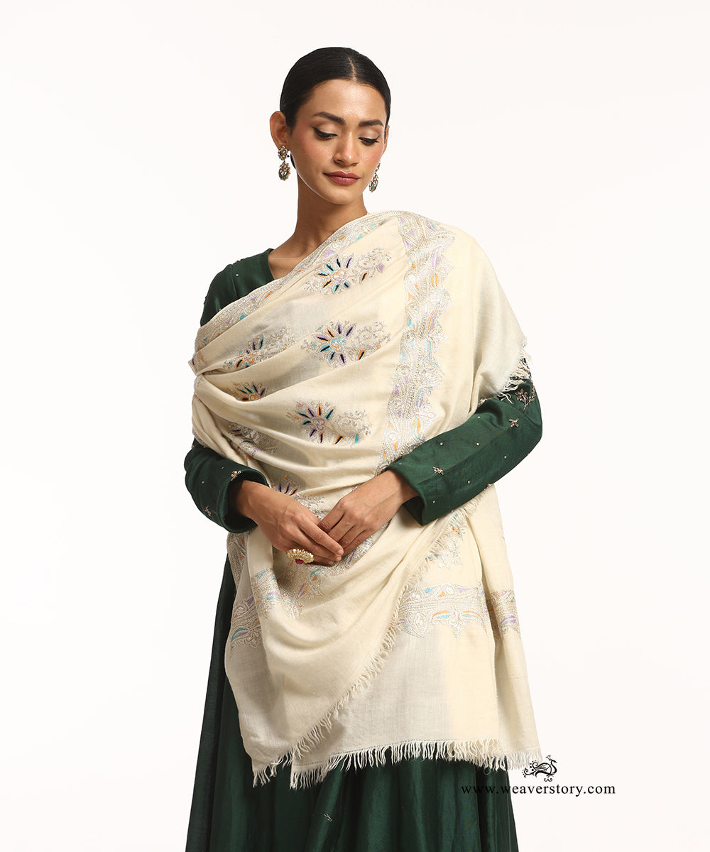 Off-White Pure Pashmina Shawl With Tilla Resham Needlework