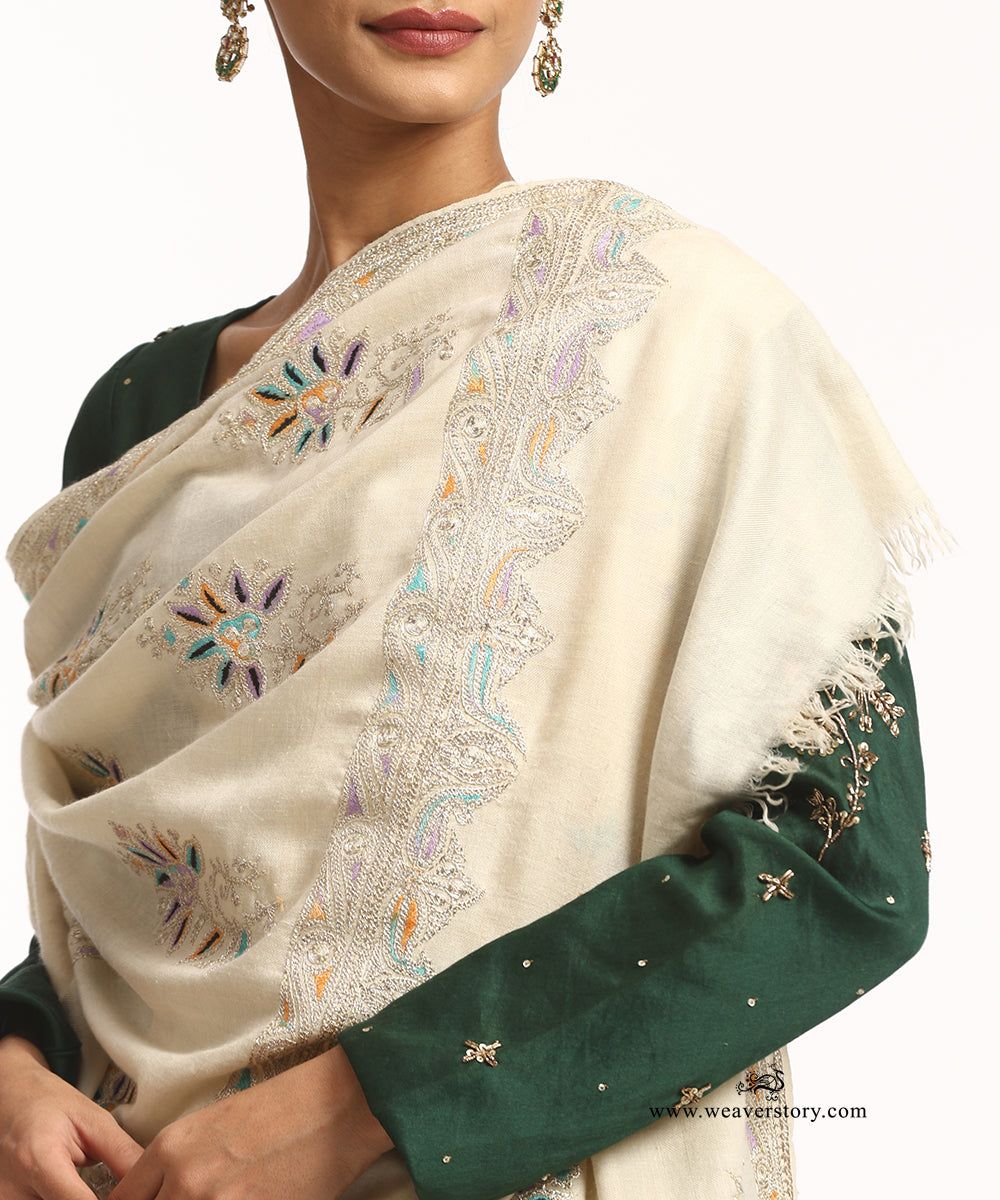 Off-White Pure Pashmina Shawl With Tilla Resham Needlework