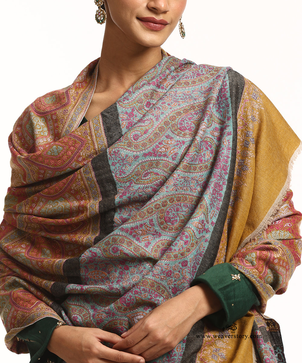 Handwoven Mustard Pure Pashmina Shawl With Soznikari