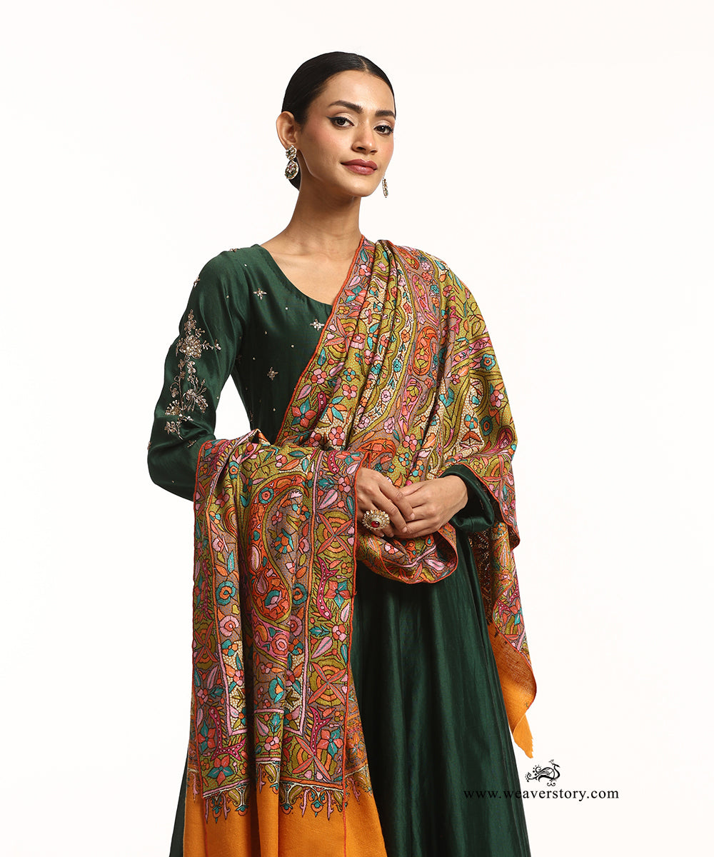 Yellow Pure Pashmina Shawl With Paper Mache Ring Work