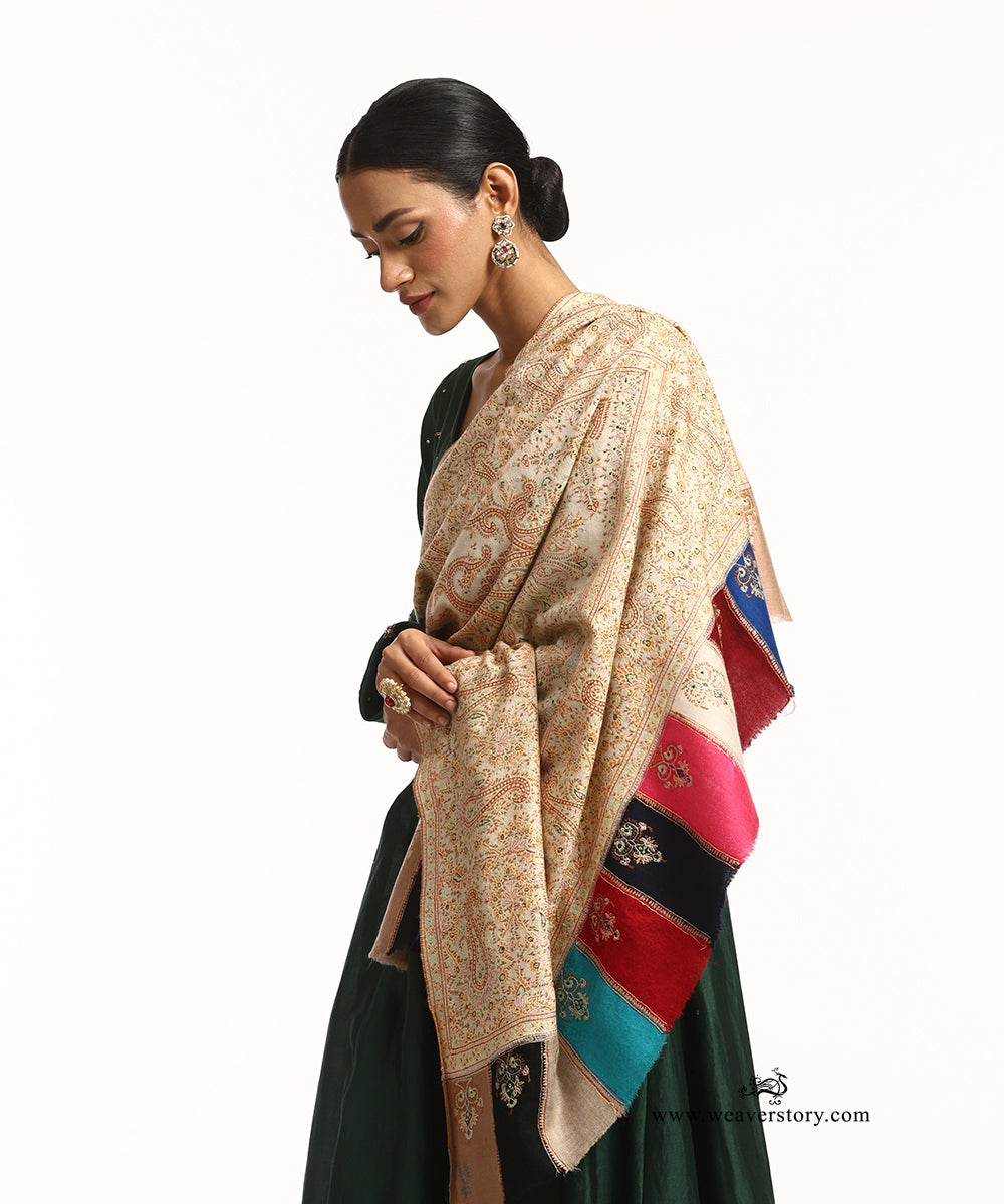 OffWhite Thread Work Handwoven Pure Pashmina Shawl with Multicolor Borders